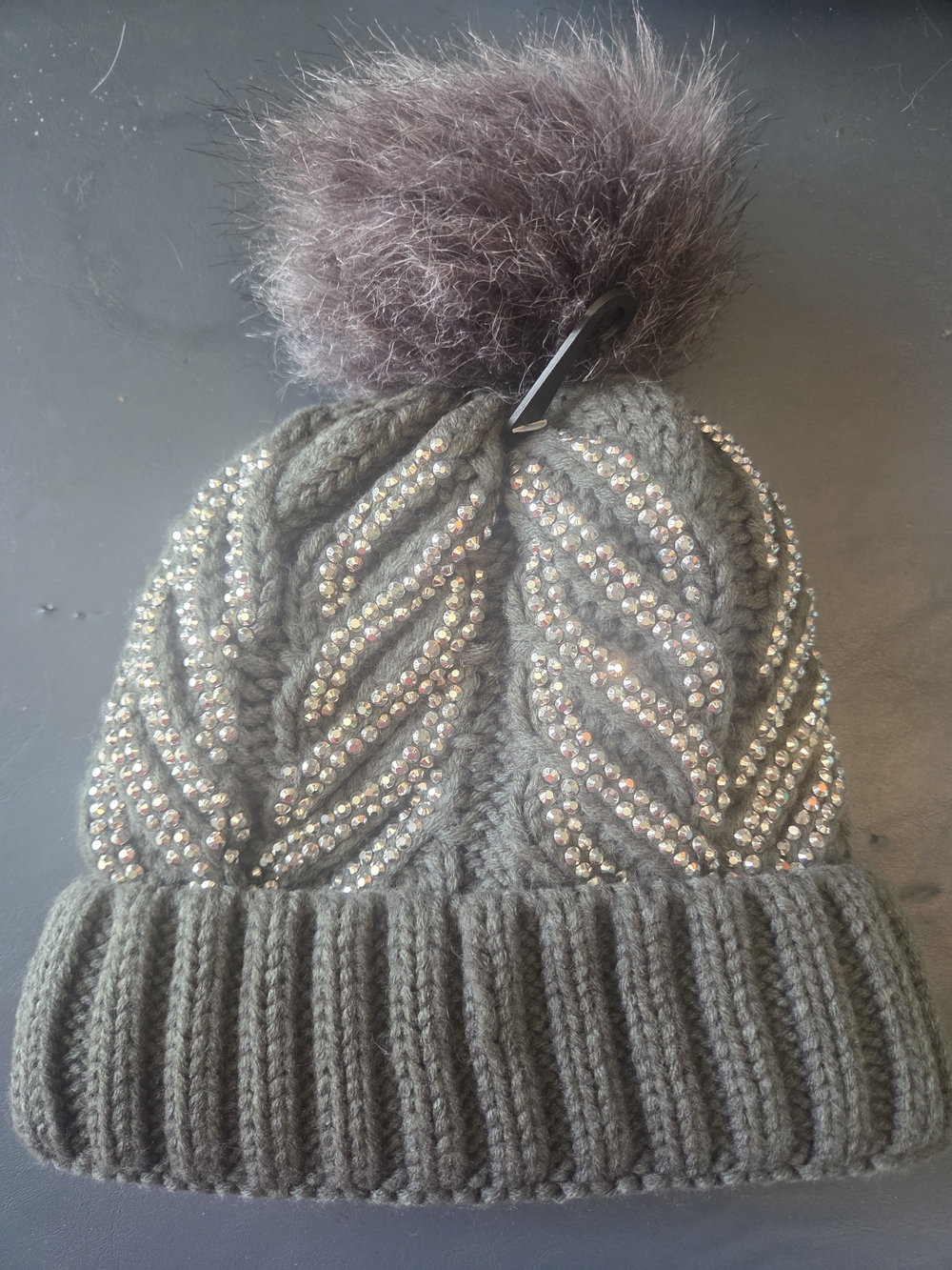 Embellished Knit Pom Beanie - Grey